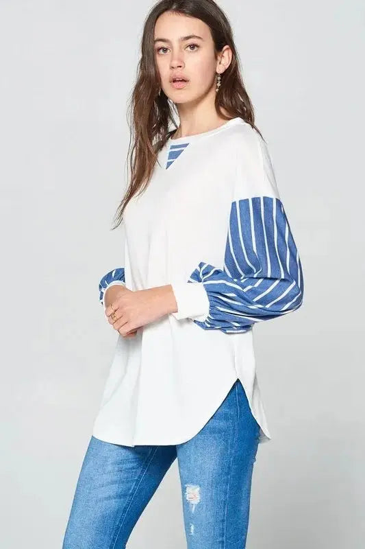 Super Lady Full Size French Terry Striped Long Sleeve Top - Love Salve